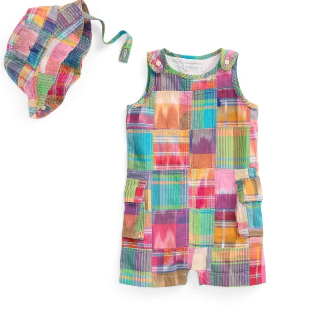 NWT Polo Ralph‎ Lauren Baby Boy Madras Patchwork Romper with Matching Hat Preppy